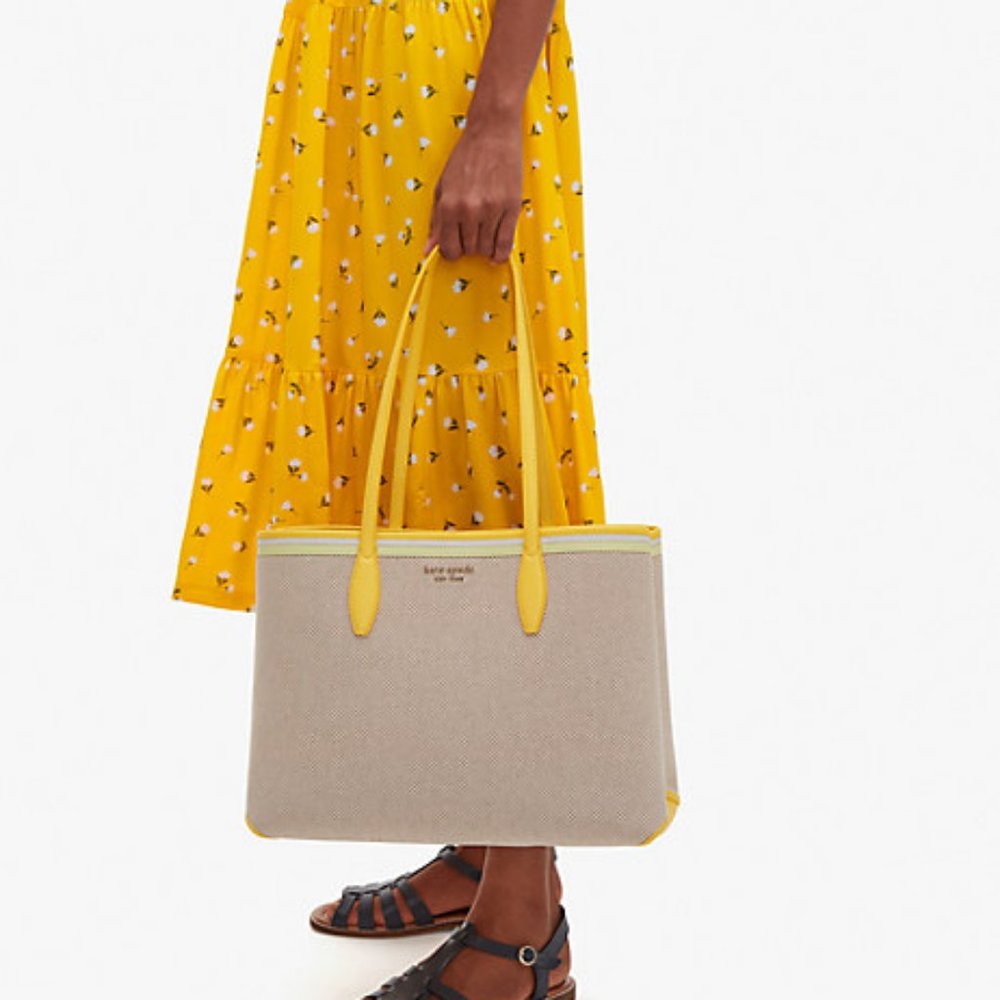 Kate Spade All Day Canvas Large Tote Bag w/ Wristlet Pouch Leather Trim Yellow